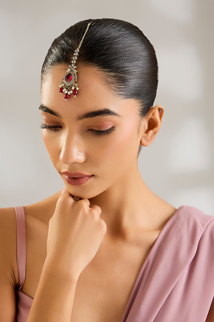Gold Finish Kundan Polki & Ruby Stone Floral Maangtikka by Aura Trends at Pernia's Pop Up Shop