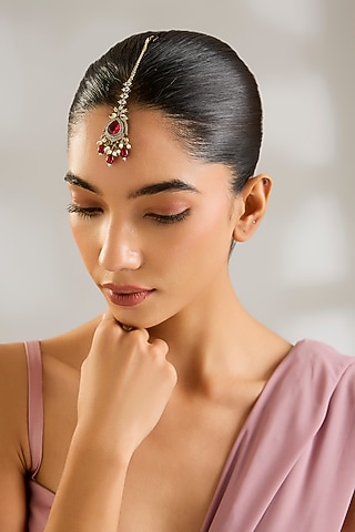 Gold Finish Kundan Polki & Ruby Stone Floral Maangtikka by Aura Trends