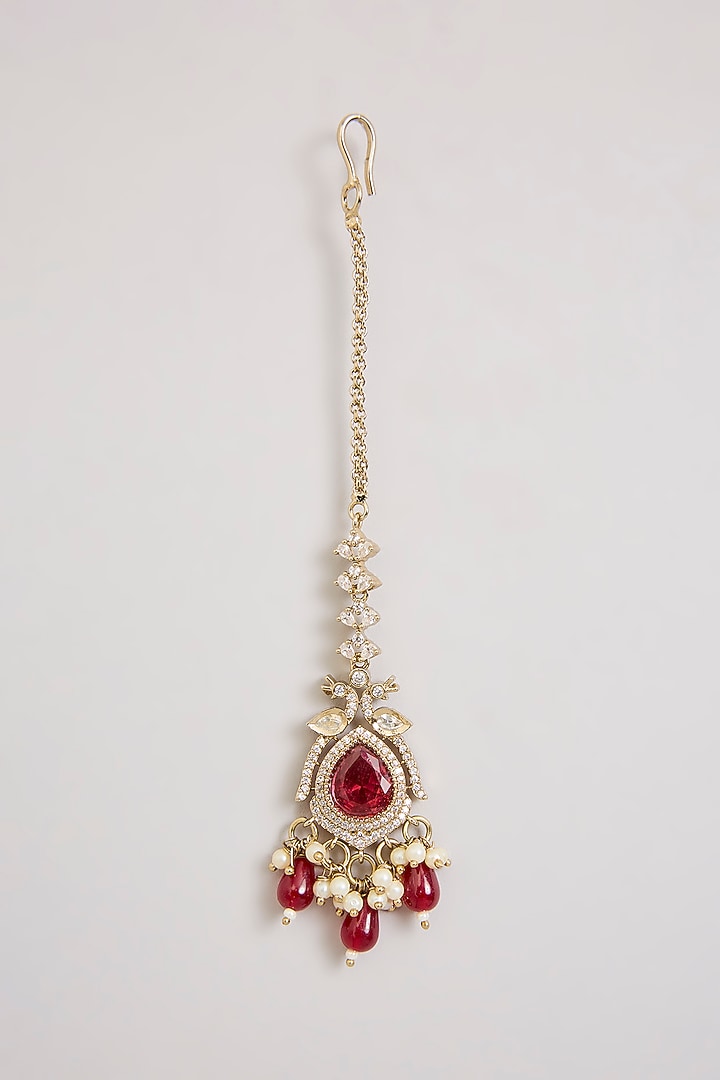 Gold Finish Kundan Polki & Ruby Stone Floral Maangtikka by Aura Trends at Pernia's Pop Up Shop