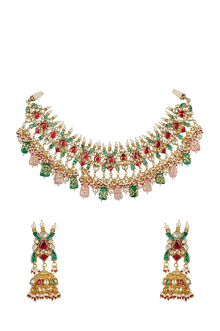 Gold Plated Necklace Set With Kundan Polki by Aura Trends at Pernia's Pop Up Shop