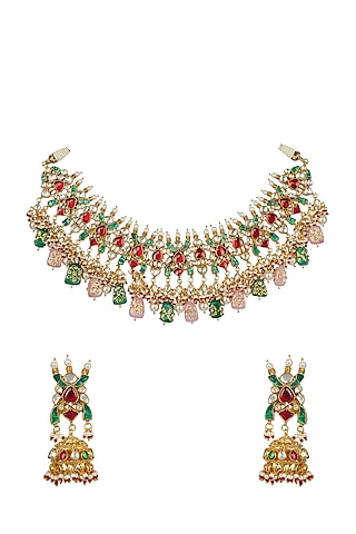 Gold Plated Necklace Set With Kundan Polki by Aura Trends