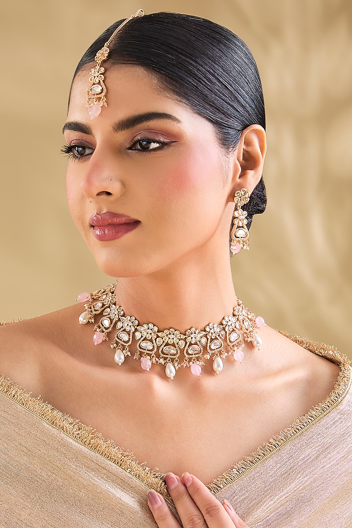 Gold Finish Kundan Polki & Pearl Drop Maangtikka by Aura Trends at Pernia's Pop Up Shop