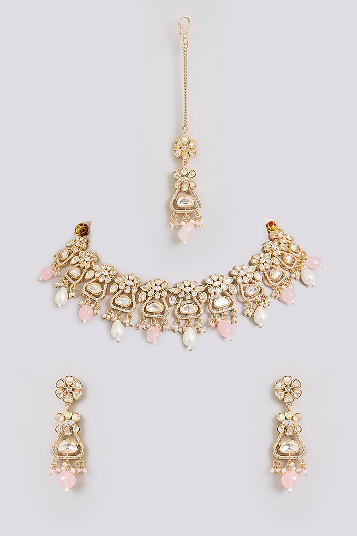 Gold Finish Kundan Polki & Pearl Drop Maangtikka by Aura Trends at Pernia's Pop Up Shop