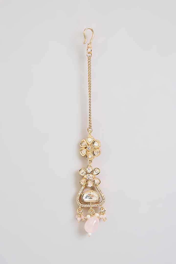 Gold Finish Kundan Polki & Pearl Drop Maangtikka by Aura Trends at Pernia's Pop Up Shop