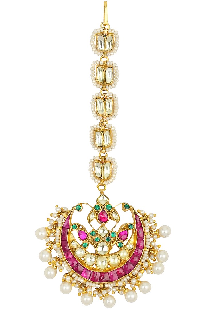 Auraa Trends presents Gold finish kundan stone and pearl crescent maang ...
