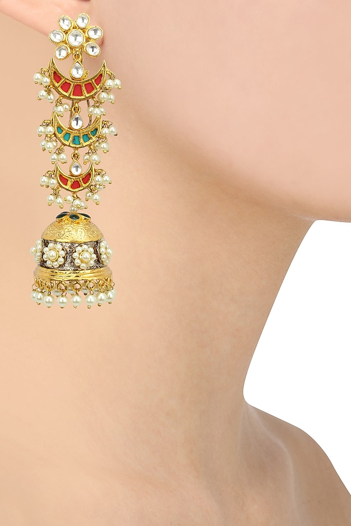 Kundan and Pearl Multicolour Jhumki Earring by Auraa Trends