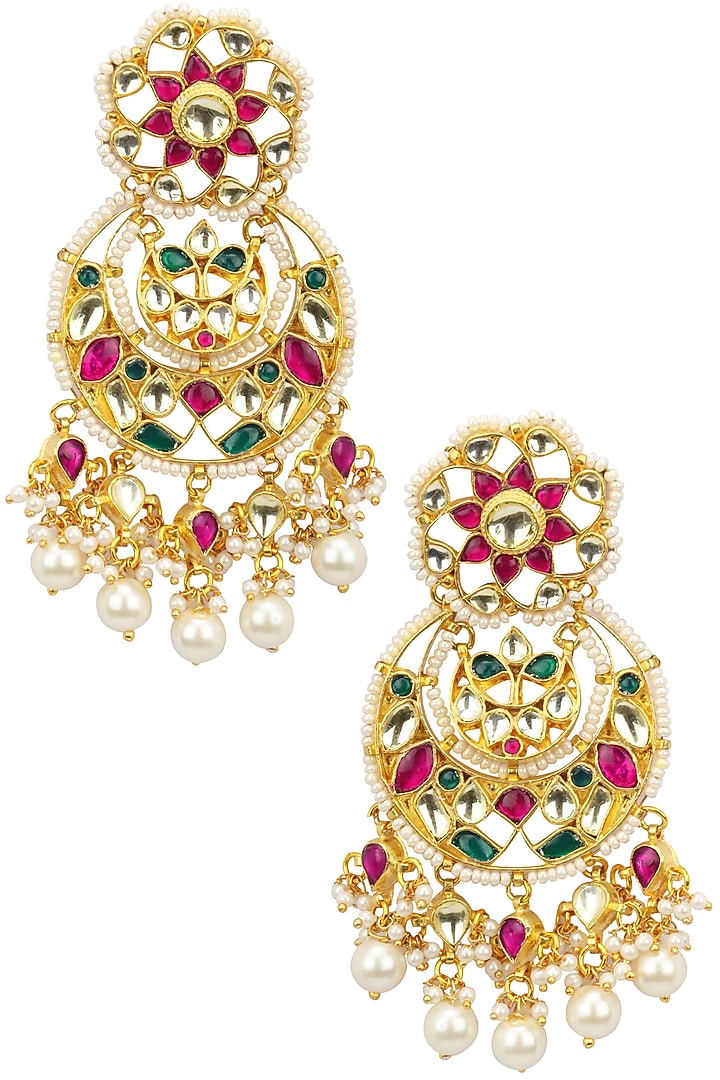 Auraa Trends presents Gold finish multicolor kundan stone crescent earrings available only at Pernia's Pop Up Shop.