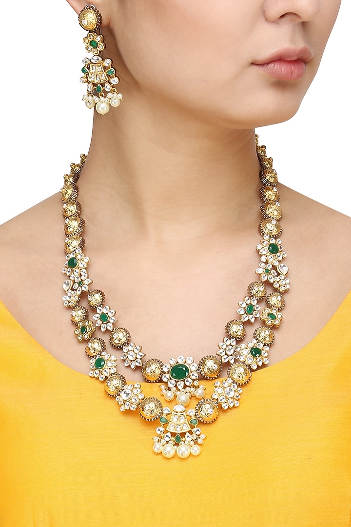 Gold Finish Kundan Stone and Pearls Necklace Set by Auraa Trends