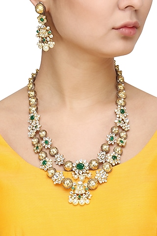 Gold Finish Kundan Stone and Pearls Necklace Set by Aura Trends