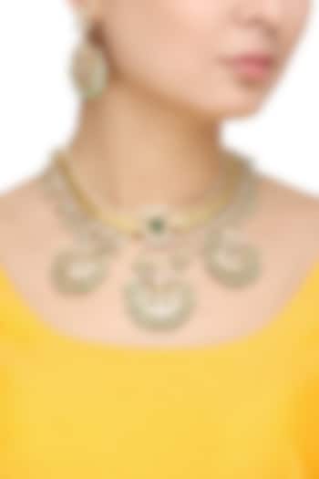 Gold Finish Kundan Stone Crescent Motifs Necklace Set by Auraa Trends