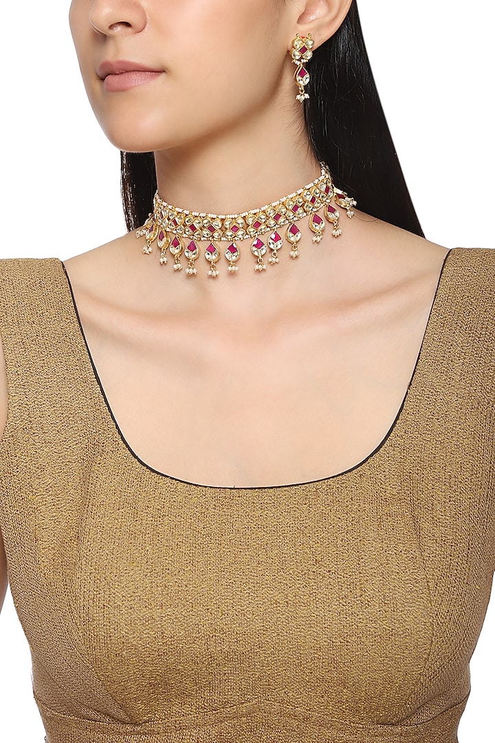 Gold Plated Red and White Beads Kundan Necklace Set by Auraa Trends
