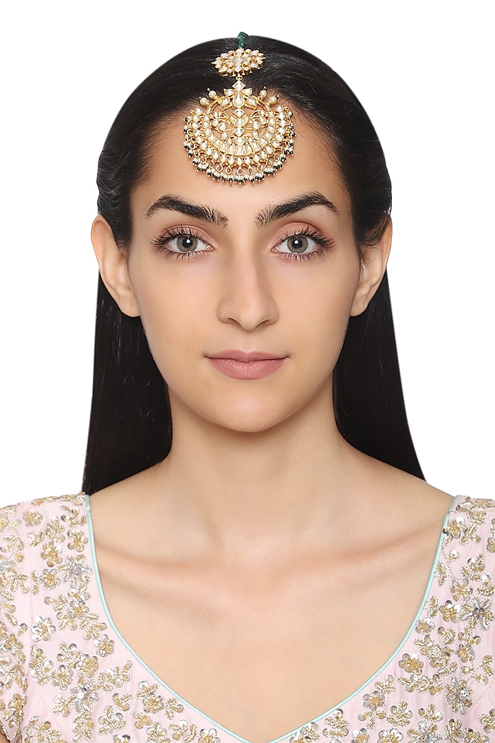 Gold Plated White Beads and Pearls Maangtika by Auraa Trends