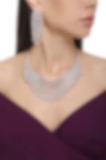 Rhodium Plated Floral Design American Diamond Layered Necklace Set by Auraa Trends