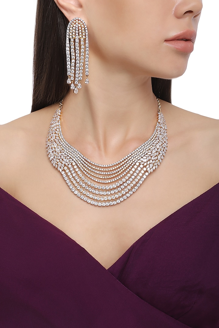 Rhodium Plated Floral Design American Diamond Layered Necklace Set by Auraa Trends