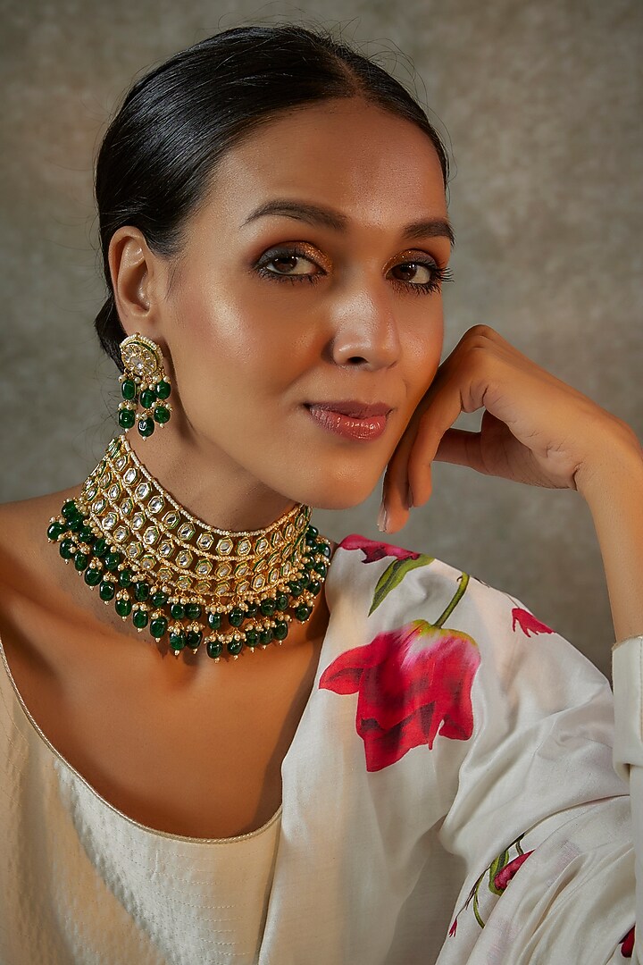 Gold Plated Kundan Polki Choker Necklace Set by Aura Trends at Pernia's Pop Up Shop