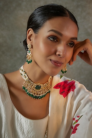 Gold Plated Kundan Polki Choker Necklace Set by Aura Trends
