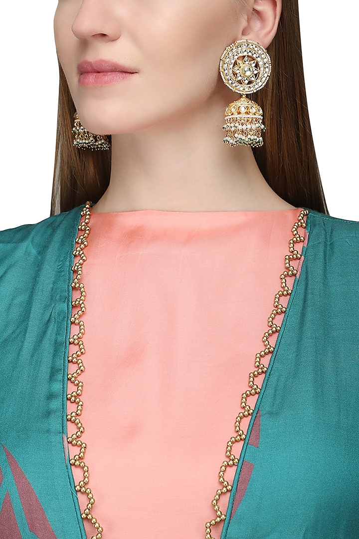 Gold Finish White Kundan and Pearls Jhumki Earrings by Auraa Trends