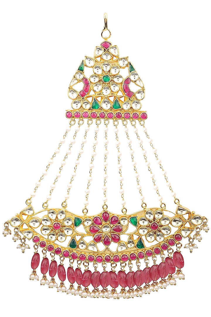 Gold Finish White, Green and Red Kundan Passa by Auraa Trends