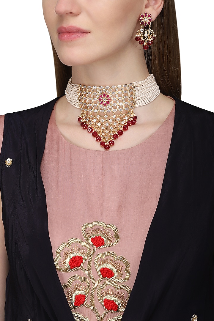 Gold Finish White and Red Kundan and Pearls Choker Necklace Set by Auraa Trends