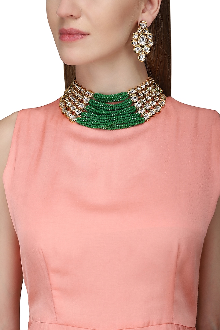 Gold Finish Kundan and Green Beads Necklace Set by Auraa Trends