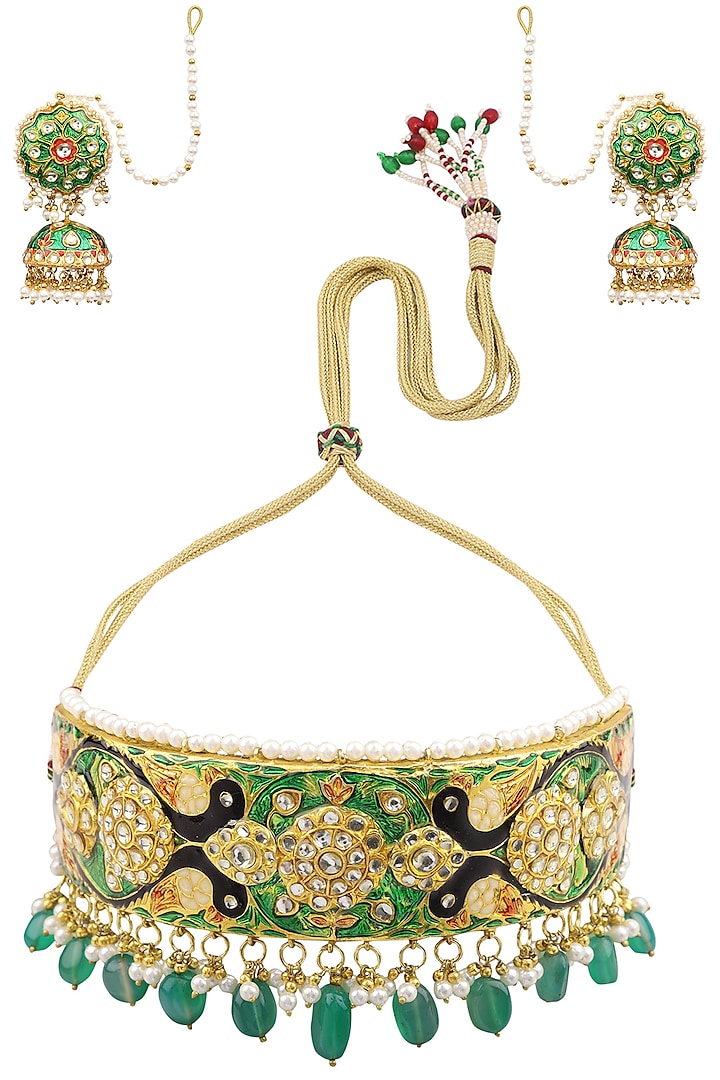 Gold Finish Meenakari and Green Stones Choker Necklace Set by Auraa Trends