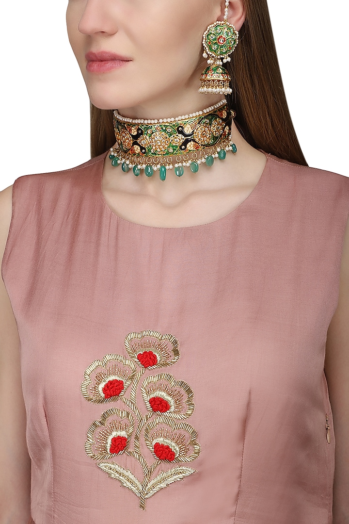 Gold Finish Meenakari and Green Stones Choker Necklace Set by Auraa Trends