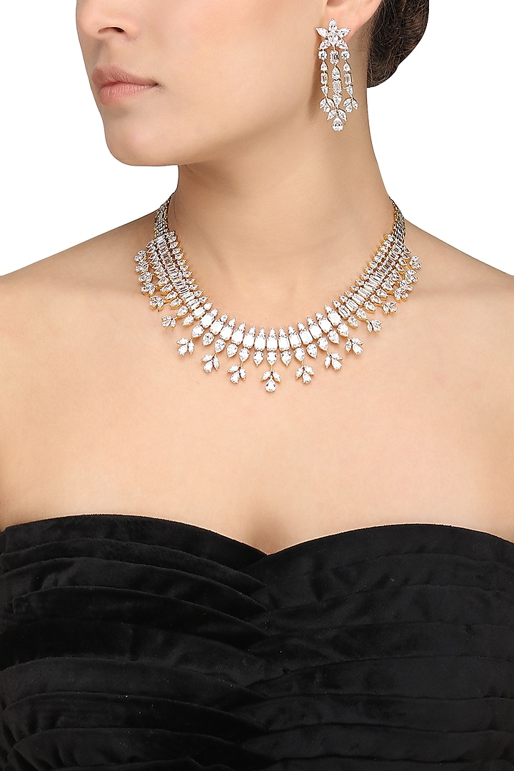 Silver Diamond Necklace Set by Auraa Trends Silver Jewellery