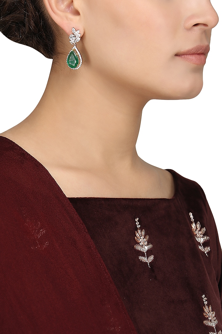 Silver Finish Green Stone Embellished Earrings by Auraa Trends Silver Jewellery