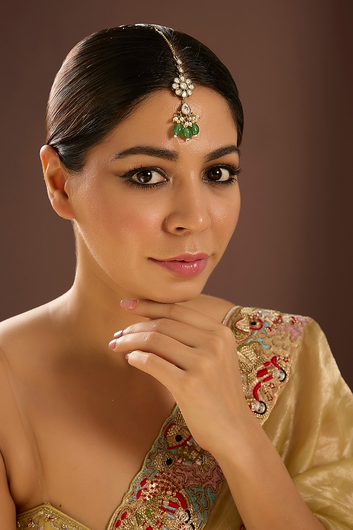 Gold Finish Kundan Polki & Green Gemstone Maangtikka by Auraa Trends at Pernia's Pop Up Shop