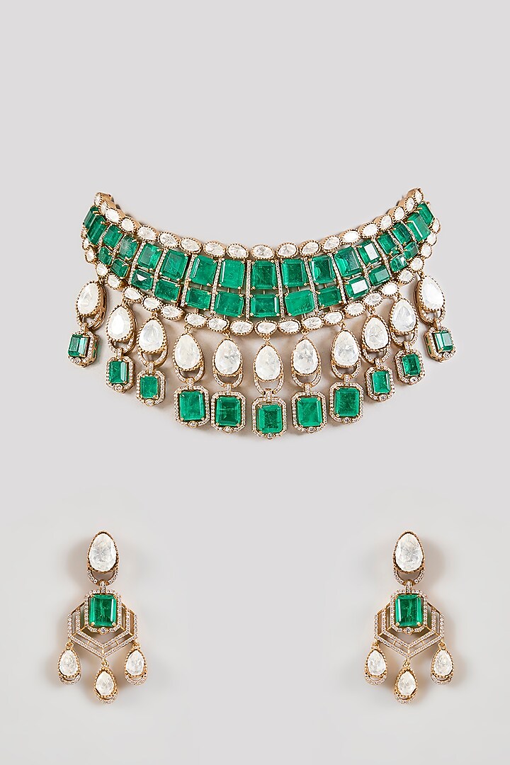 Gold Finish Kundan Polki & Emerald Green Stone Handcrafted Choker Necklace Set by Aura Trends at Pernia's Pop Up Shop