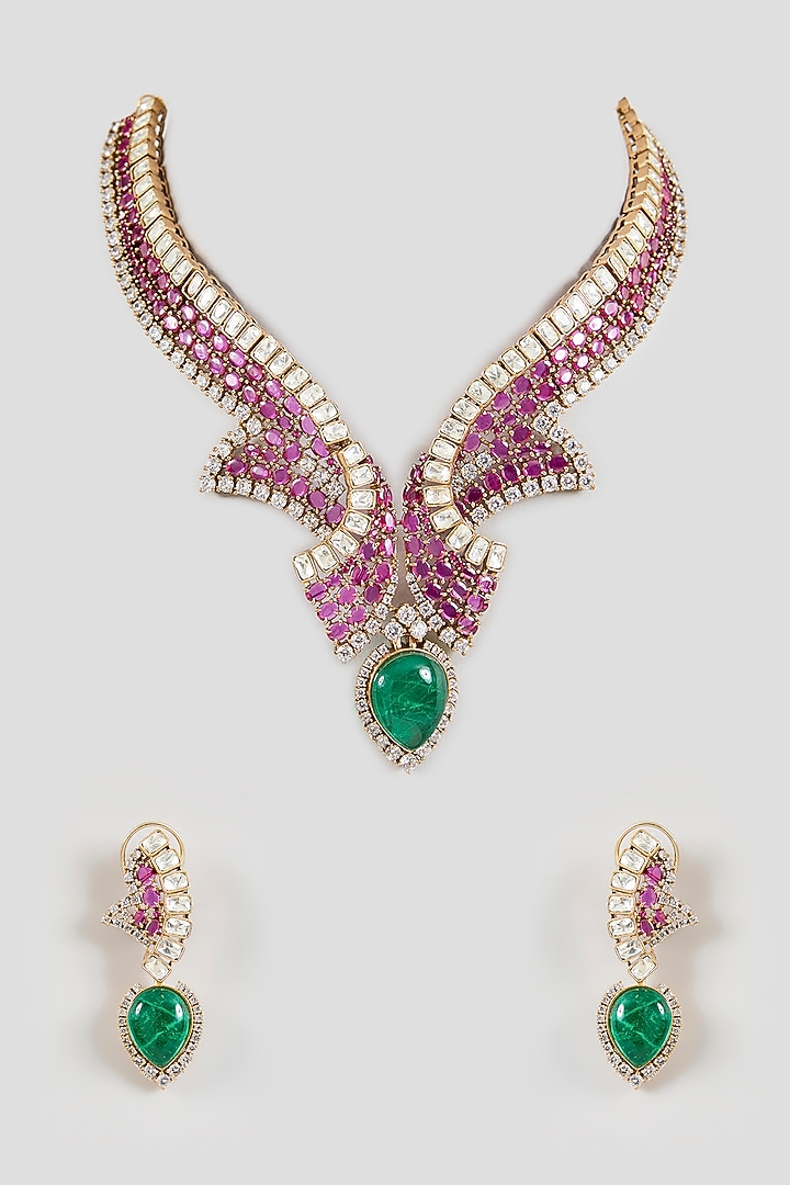 Gold Finish Ruby & Emerald Stone choker Necklace Set by Aura Trends at Pernia's Pop Up Shop