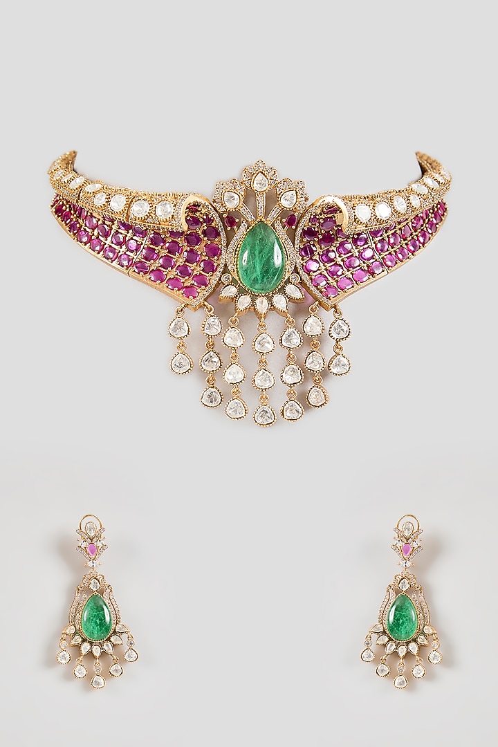 Gold Finish Kundan Polki & Ruby Stone Choker Necklace Set by Aura Trends at Pernia's Pop Up Shop