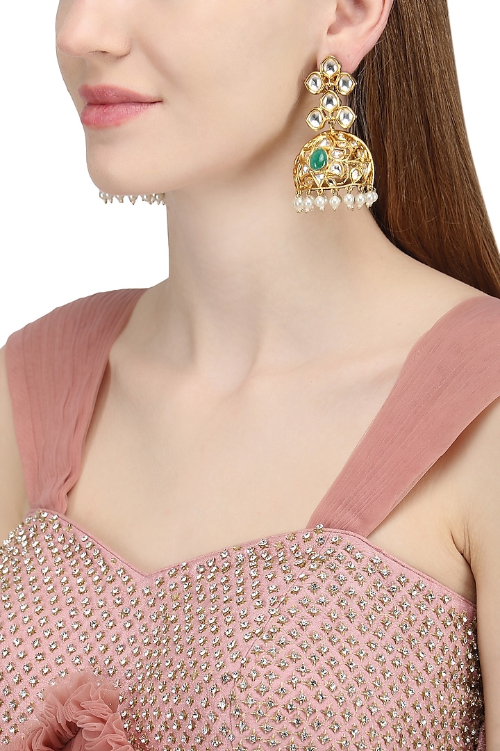 Gold Plated Kundan Jhumka Earrings by Auraa Trends