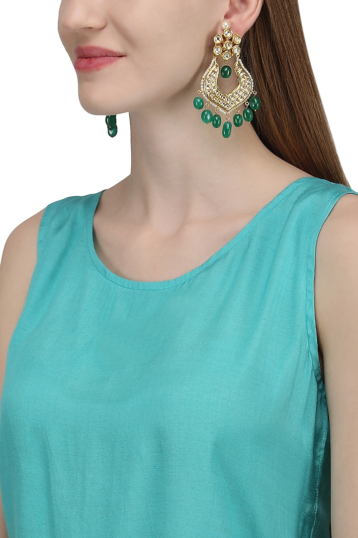 Gold Plated Green Kundan Chandbali Earrings by Auraa Trends