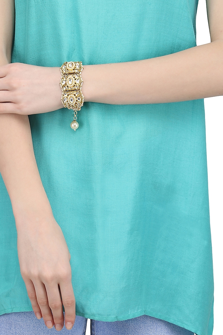 Gold Plated Kundan and Pearl Bracelet by Auraa Trends