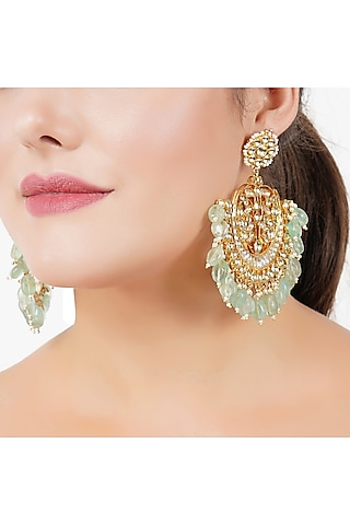 Gold Plated Sea Green Onyx Chandbali Earrings by Aura Trends