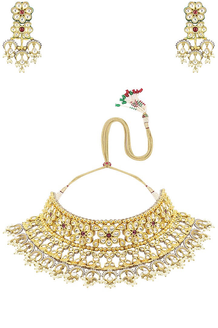 Gold finish kundan and red stone flower motif choker necklace set available only at Pernia's Pop Up Shop.