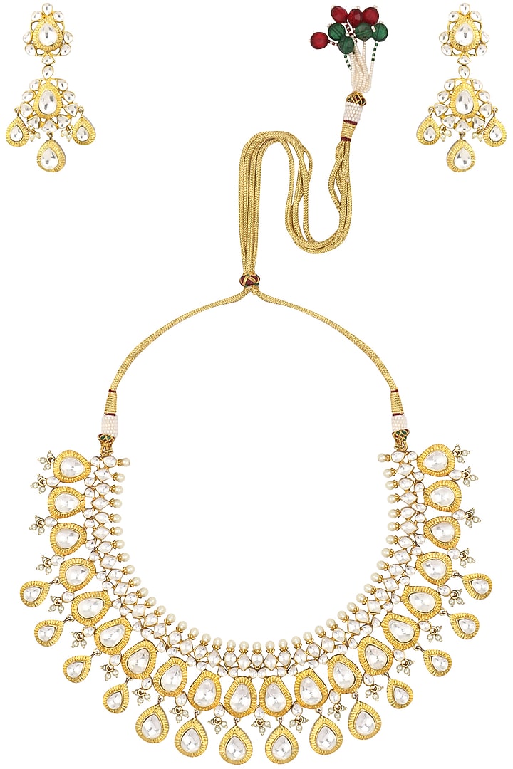 Gold finish big kundan stone teardrop motifs necklace available only at Pernia's Pop Up Shop.