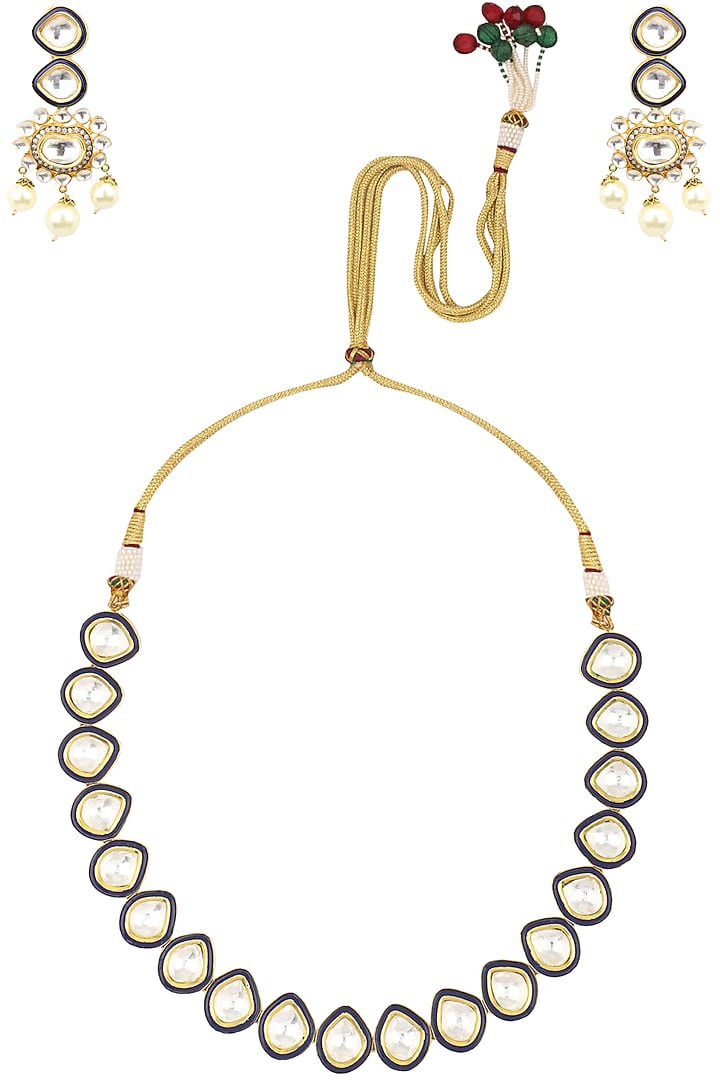Gold finish kundan stone blue enamel one String Necklace set available only at Pernia's Pop Up Shop.