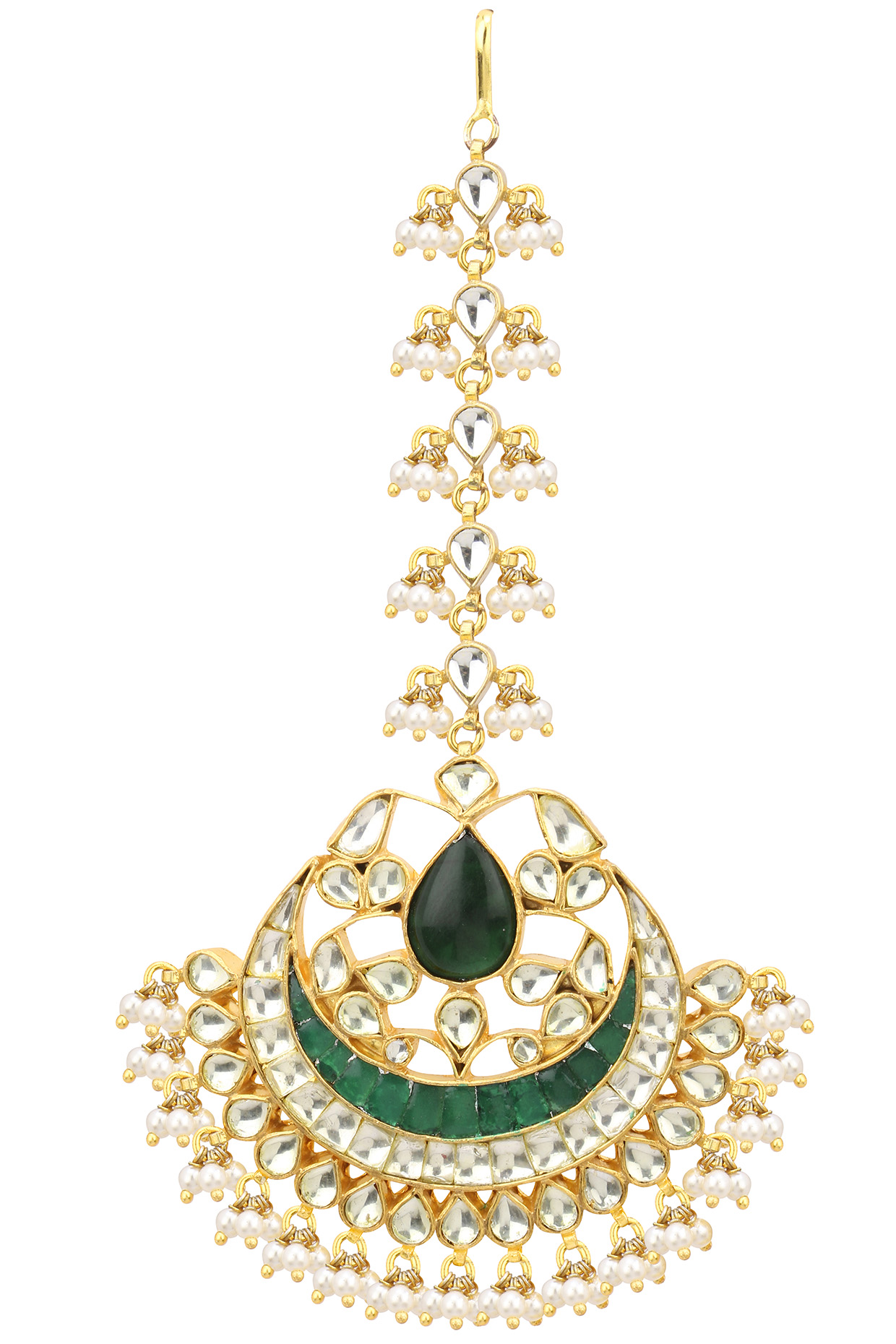Gold finish kundan stone leaf motif maang tikka by Auraa Trends