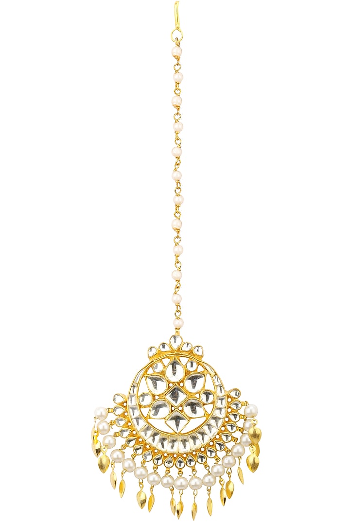 Gold finish Kundan and Green stone crescent Maangtika available only at Pernia's Pop Up Shop.