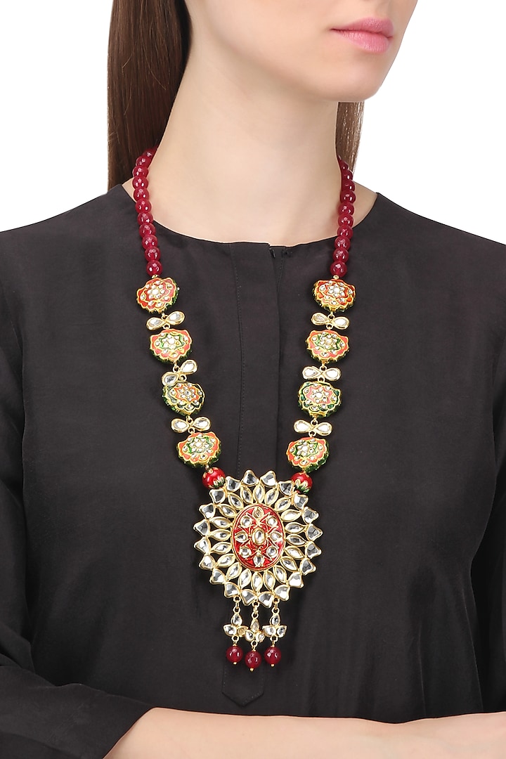 Gold Finish Kundan and Semi Precious Stone Necklace by Auraa Trends
