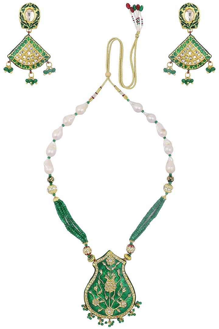 Gold plated kundan and green enamel necklace set available only at Pernia's Pop Up Shop.