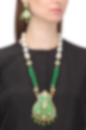 Gold Plated Kundan and Green Enamel Necklace Set by Auraa Trends