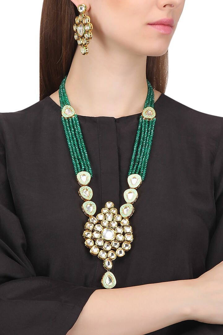 Gold Finish Kundan and Green Semi Precious Stone Necklace Set by Auraa Trends