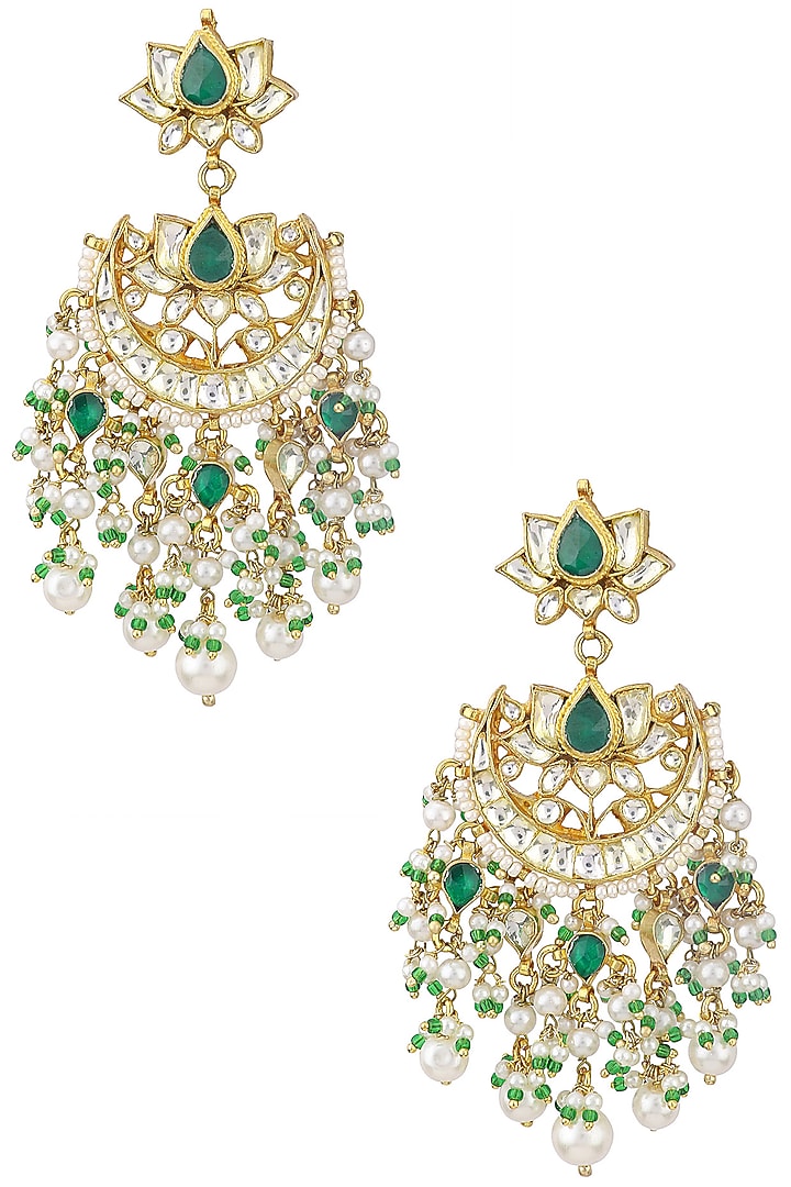Gold plated kundan and pearl chandbali earrings available only at Pernia's Pop Up Shop.