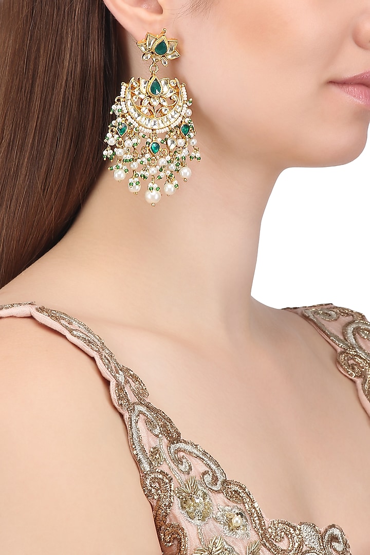 Gold Plated Kundan and Pearl Chandbali Earrings by Auraa Trends