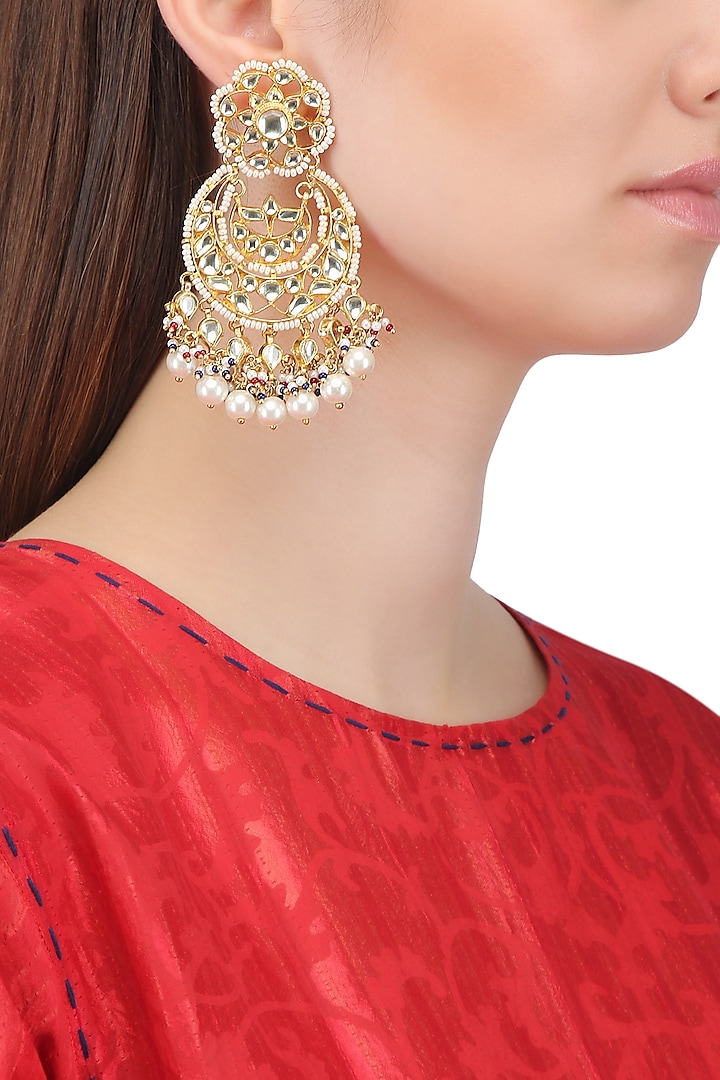Gold Finish Kundan Crescent Shaped Earrings by Auraa Trends