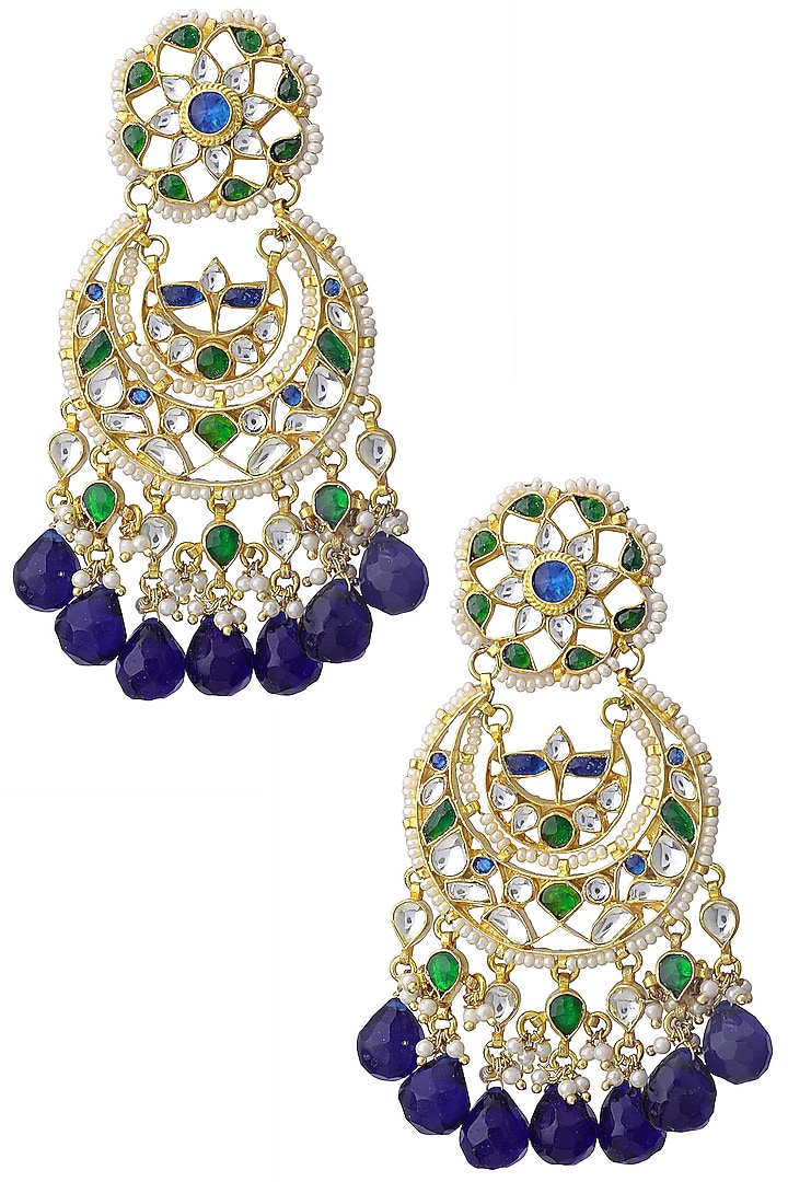 Gold finish kundan and blue semi precious stone earrings available only at Pernia's Pop Up Shop.
