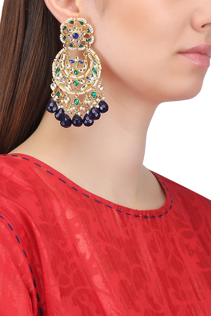 Gold Finish Kundan and Blue Semi Precious Stone Earrings by Auraa Trends